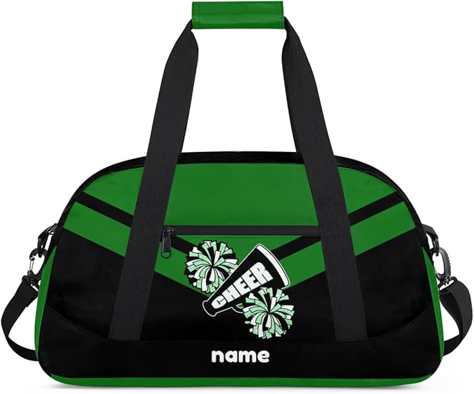 Custom Name Black Green Cheerleading Squad Gym Travel Duffle Bag with Front Zipper Pocket Personalizedfor Sports Bag for Overnight, Weekender, Carry On,Workout & Dance, 18.9 * 8.7 * 10.6 in