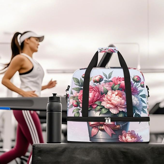 Pink Flowers Floral Large Weekender Bag with Shoe Compartment Travel Duffel Bags for Women Carry On Hospital Overnight Bag Foldable Personal Item Travel Bags Tote Gym Sports Airplanes