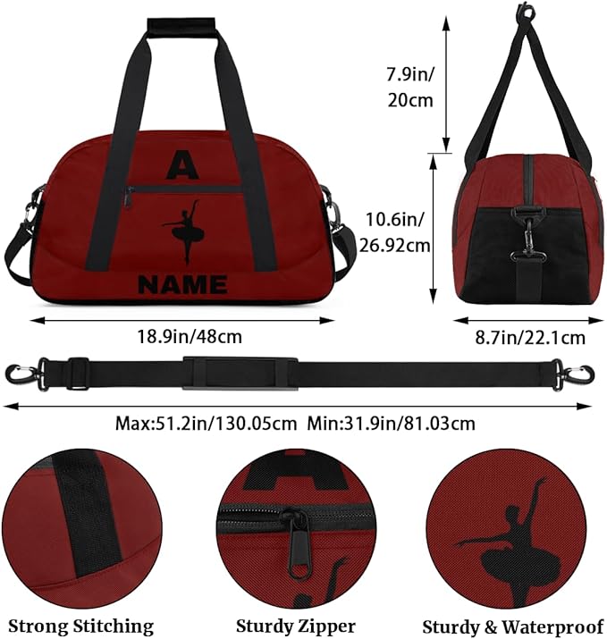 Personalize-Kids-Sports-Duffel-Bags With Custom Name Text Carry-On Overnight Travel Gym Lightweight Dance Pattern Sports Bags For Girls Boys Kids,Red