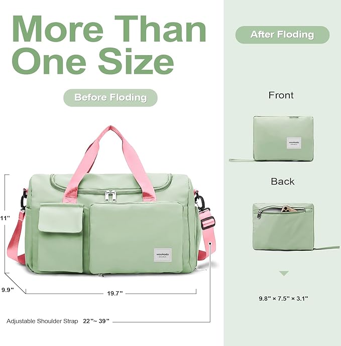 WOOMADA Foldable Travel Duffel Bag for Women, Weekender Bags with Shoes Compartment,Overnight Bag with Wet Pocket & Trolley Sleeve(Green&Pink)