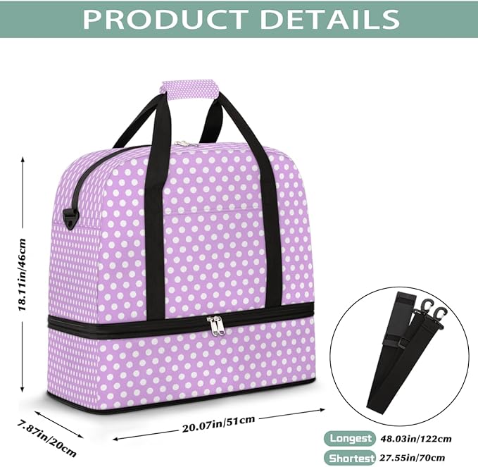 Purple White Polka Dot Large Weekender Bag with Shoe Compartment Travel Duffel Bags for Women Carry On Hospital Overnight Bag Foldable Personal Item Travel Bags Tote Gym Sports Airplanes