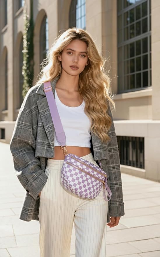 Checkered Crossbody Bag for Women, Spacious Sling & Stylish Bum Bag for Travel, Concerts, Festival, Nylon Fanny Pack Belt Bag (Colour Bum Bag-Purple Checkered)