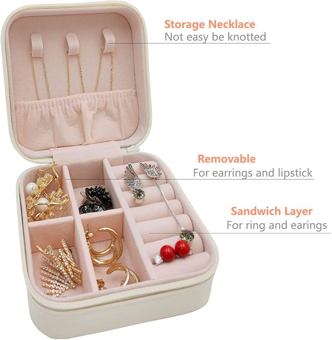 Mini Jewelry Case, Small Travel Jewelry Organizer, Portable Jewelry Box Storage Display Box For Rings, Earrings, Necklaces (White-4)