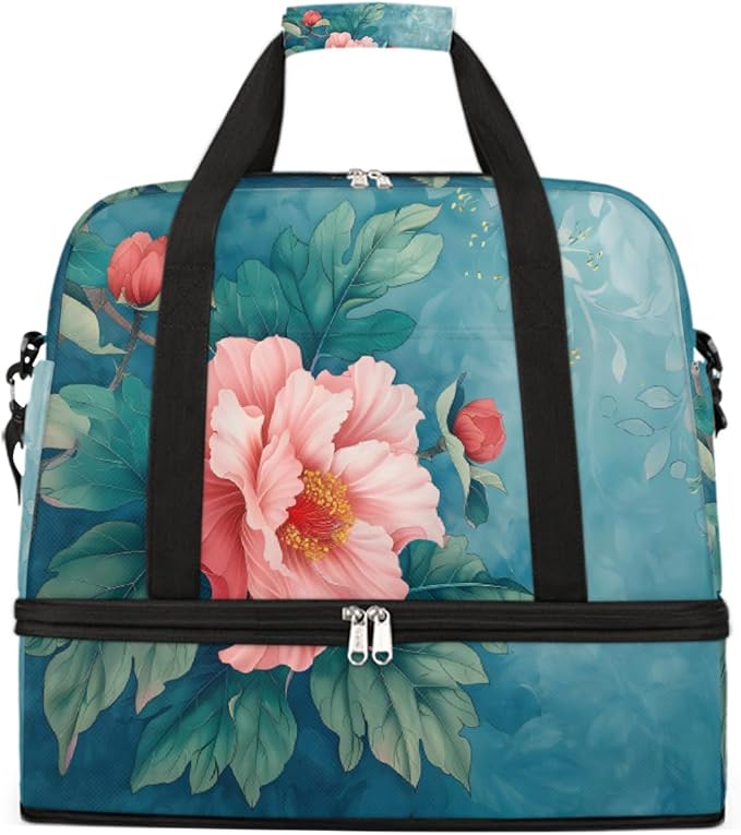 Pink Flowers Green Leaves Large Weekender Bag with Shoe Compartment Travel Duffel Bags for Women Carry On Hospital Overnight Bag Foldable Personal Item Travel Bags Tote Gym Sports Airplanes