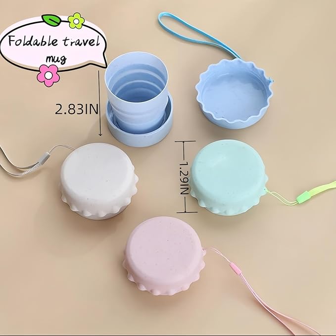 Collapsible Travel Cup 4-Pack, 130ml Foldable Water Cup with Lid & Carabiner, Leak-Proof Portable Drinking Cup for Camping, Hiking, Travel - BPA-Free PP (Blue/Pink/Beige/Green)