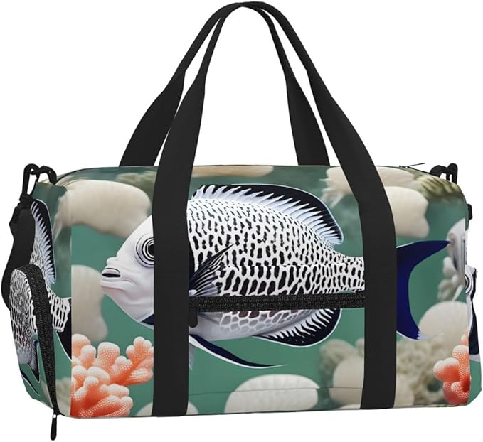 White Tropical Fish Print Gym Bag with Shoe Compartment for Women Men, 17.7in Sports Duffle Weekender Tote, Overnight Travel Duffel Bag Carry On