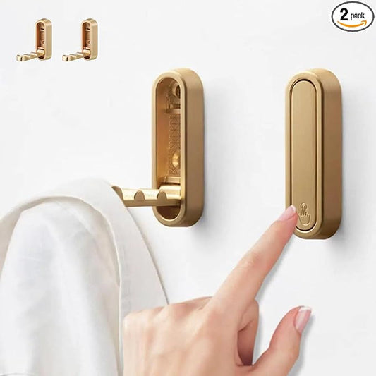 2PC Foldable Wall Hooks - Gold Coat Hooks for Closet, Door & Bathroom | Heavy Duty Folding Hangers for Hanging Coats, Belts, Backpacks, Towels | Space-Saving Wall Hook Set (Gold, 2Pack)