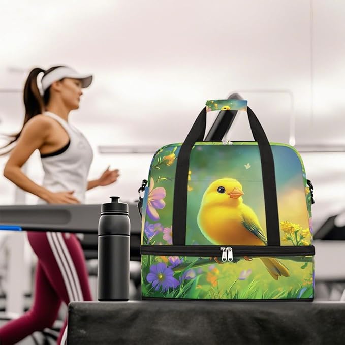 Yellow Birds Floral Sports Duffel Bag Lightweight Gym Bag with Shoe Compartment Waterproof Travel Weekender Bag for Women and Men