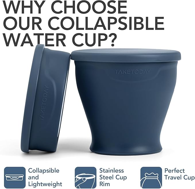 TakeToday 4PCS Collapsible Travel Cup 8 oz - Silicone Foldable Water Cup, BPA-Free with Lid & Waterproof Bag - Drinking Cup Set for Camping, Outdoors & International Travel