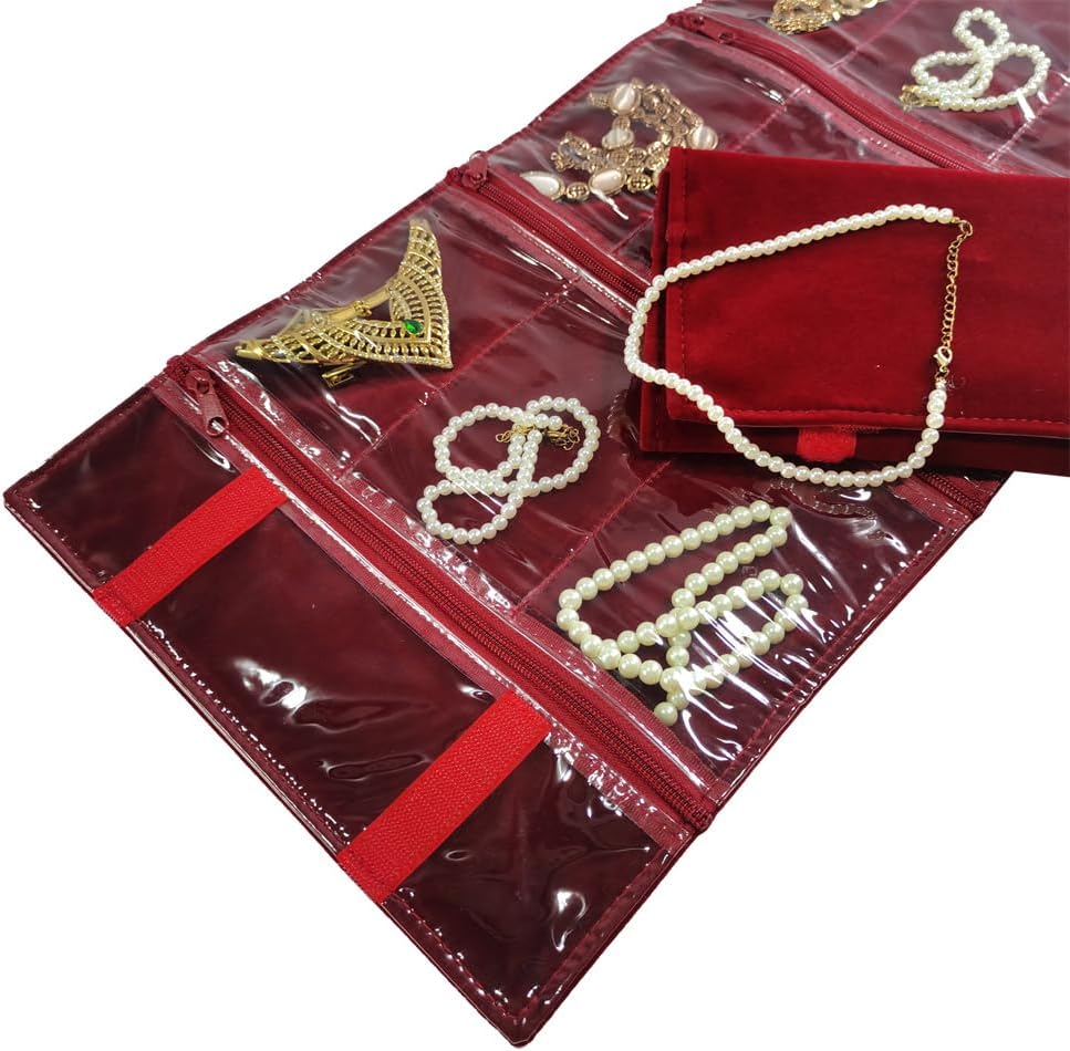 Travel Jewelry Roll Bag Portable Organizer Pouch With Grids&PVC Cover Storage Bags for Necklace, Bracelet, Bracelet,Ring, Badge, Pendant