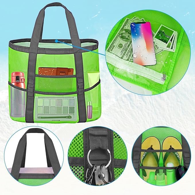 Mesh Beach Bags for Women - Family Beach Tote Bag for Toys, Towels, Travel Vacation Cruise Essentials