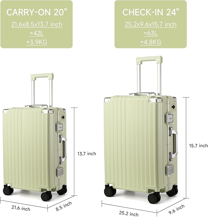 MYER Hard Shell Carry On Luggage 22x14x9 Airline Approved,20 Inch Aluminum Luggage with 100% 3-Layer PC,Carry On Suitcases with Wheels,Cup Holder and USB Port (Vanilla Green, 20 inch)