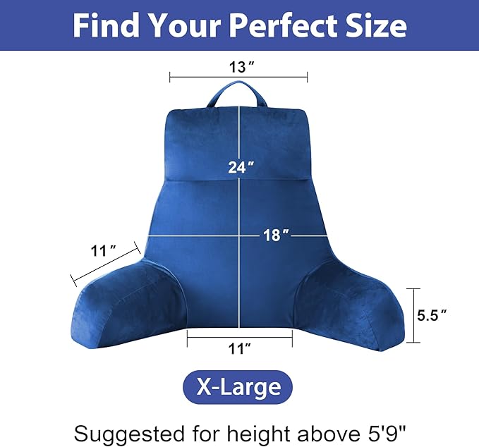 Reading Pillow with Arms for Adult, Back Pillow for Bed Sitting Up, Shredded Memory Foam Backrest Pillow with Pockets & Removable Washable Cover, Lounging, Watching TV, Reading(24" Navy Blue)