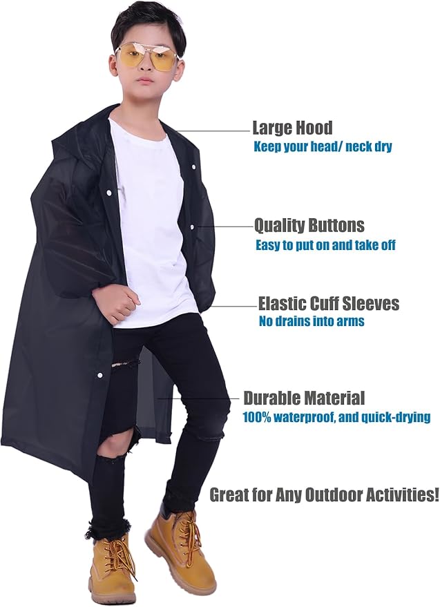 Kids Rain Jacket, 2 Pack Rain Ponchos for Kids - Reusable Raincoats for Boys and Girls Waterproof Outdoor Rain Gear