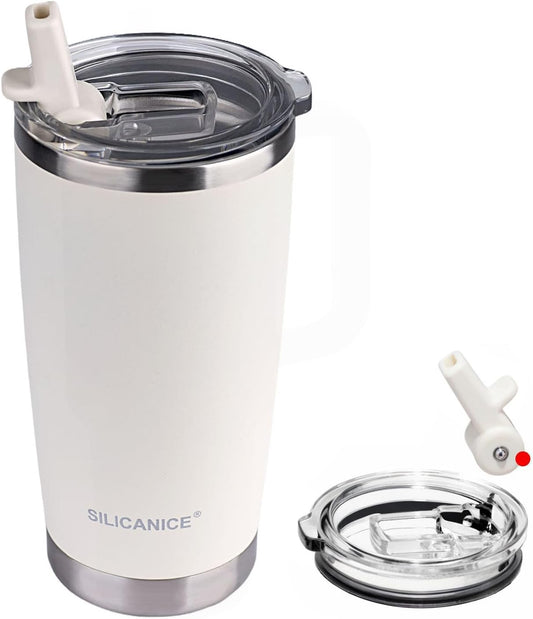 White 20oz Tumbler with Patented Easy-Clean Lid | Leakproof & No-Scrub Design Detach Straw Carbonated Drink Stainless Steel Vacuum Insulated,Durable Travel Iced Coffee Mugs Cups