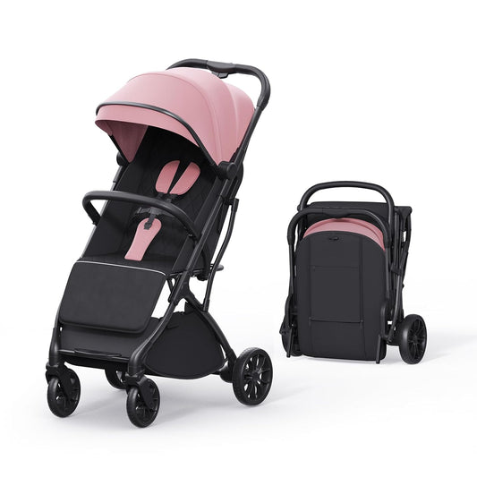 newyoo Baby Travel Stroller, Compact & Airplane-Friendly, Lightweight Infant/Toddler Stroller w Telescoping Handle, Cup Holder & Storage Pocket, One-Hand Easy Fold, Near Flat Recline Seat, TR18, Pink