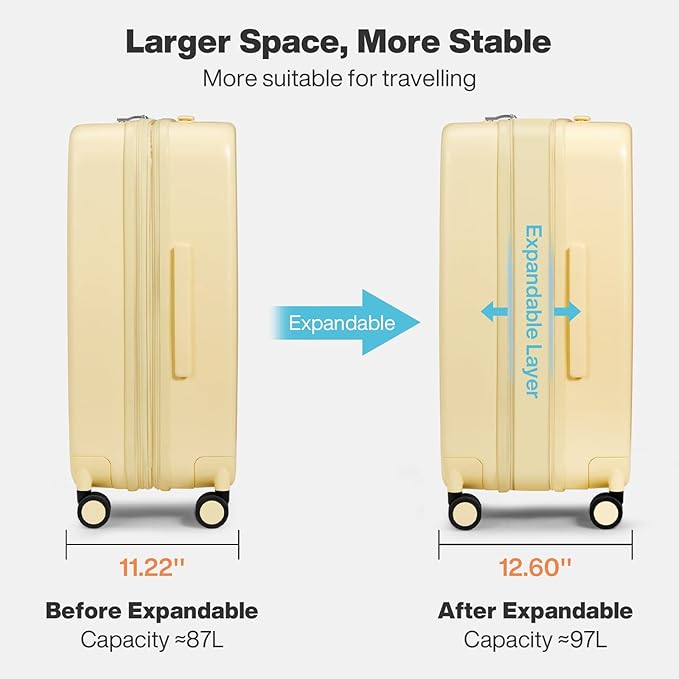 mixi 26 Inch Large Expandable Checked Luggage Suitcases with Spinner Wheels, Hardside Rolling Travel Suitcase PC with TSA Lock & Cover, Lark Yellow