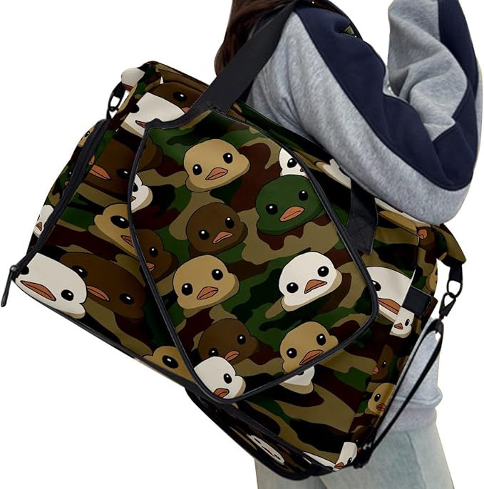 Duck Camouflage Gym Bag for Women & Tennis Bag, Large Sports Duffel Bag Waterproof with Ventilated Shoe Compartment & Front Racket Sleeve, Lightweight Travel Weekender Overnight Bag