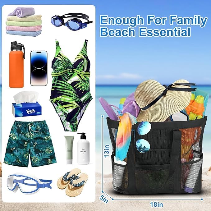 Large Mesh Beach Bag, Beach Tote Bags with 9 Pocket for Family