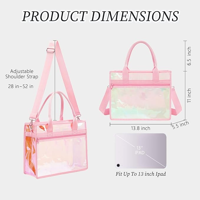 Iridescent Clear Beach Bag for Women, Large Pool Tote Cruise Vacation Essentials - Waterproof, Zipper Closure