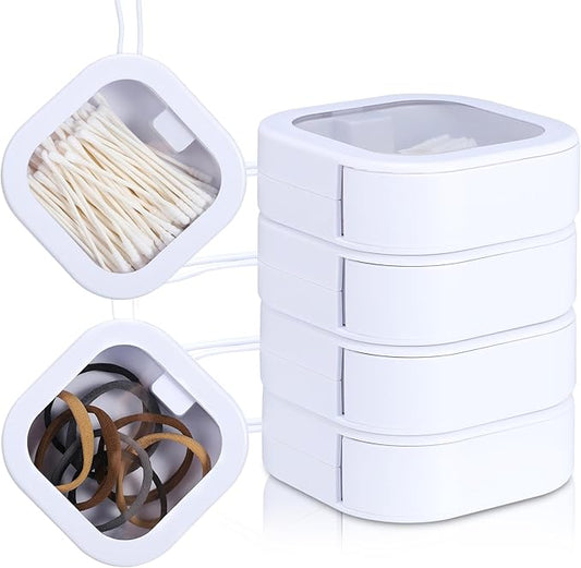 Prudiut 4Pack Hair Tie Organizer Boxes, Portable Travel Containers Storage Box, Stackable Hair Accessory Storage, Desktop Small Items Dispenser, Hair Tie Holder Clip Organizer for Girls(White)
