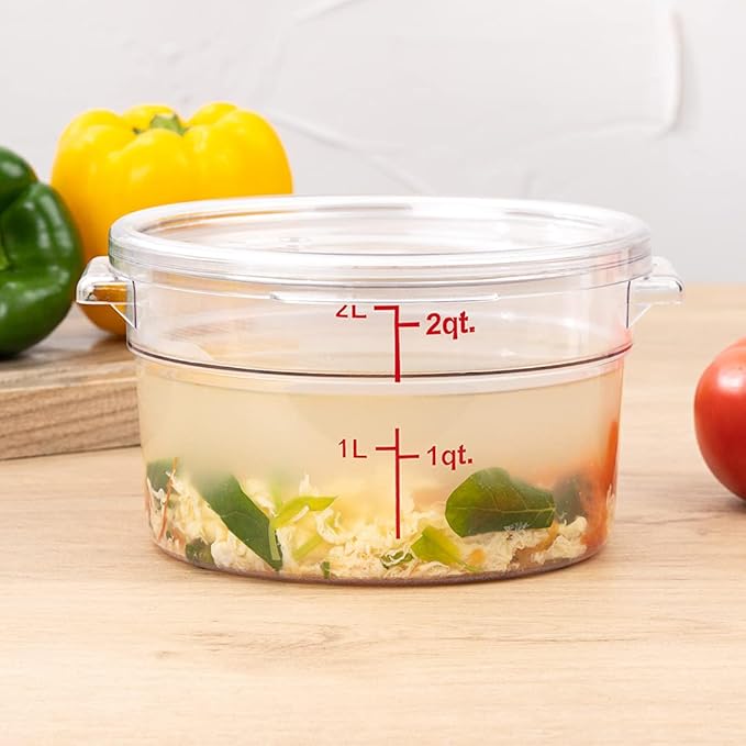 Restaurantware Met Lux 2 Quart Food Storage Containers 10 Round Commercial Storage Containers - Lids Sold Separately With Volume Markers Clear Plastic Food Prep Buckets Space-Saving Storage