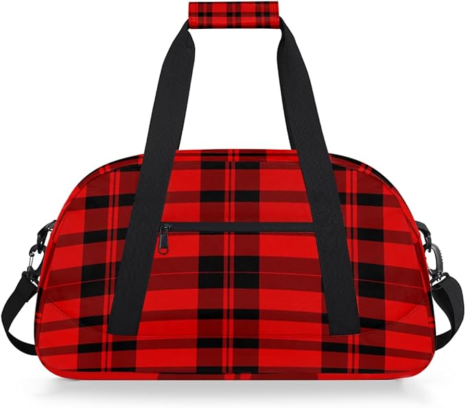 Gym Bag for Women Men, Red And Black Checkered Patterns Travel Duffle Bags for Dance Ballet Overnight, Carry-On Weekender Bag with Detachable Shoulder Strap