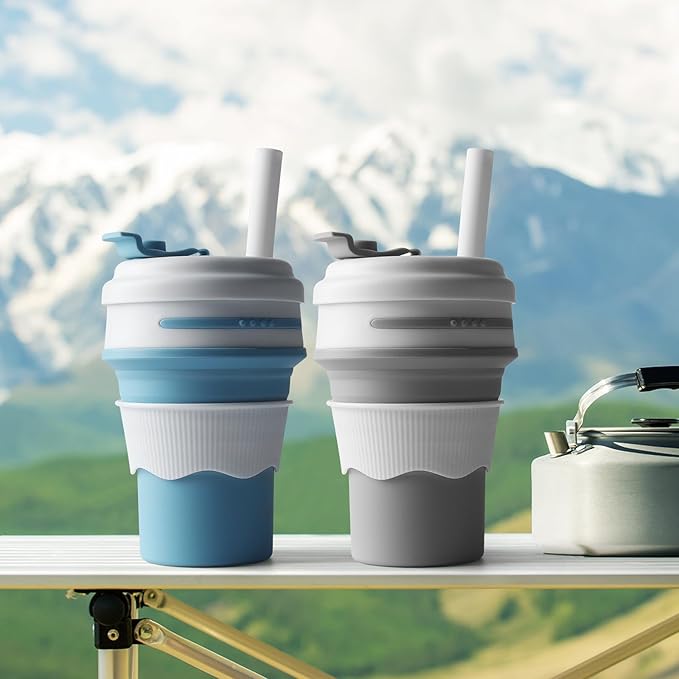 2Pcs Silicone Collapsible Cups Drinking - 16oz Reusable Collapsible Cup with Straw for Hot, Leakproof Coffee Travel Mug - Foldable & Portable for Traveling, Hiking, Camping, Blue & Grey