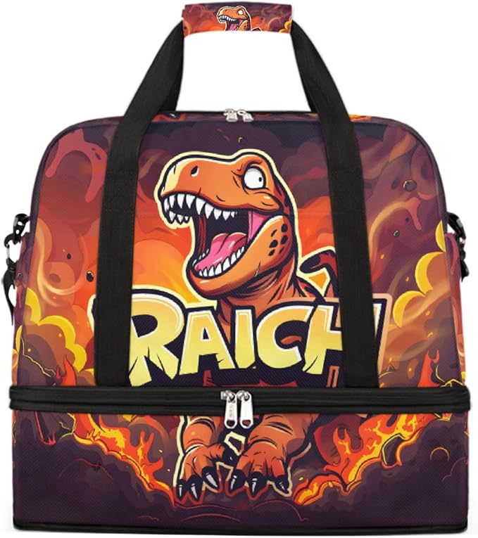 Red Animal Dinosaur Large Weekender Bag with Shoe Compartment Travel Duffel Bags for Women Carry On Hospital Overnight Bag Foldable Personal Item Travel Bags Tote Gym Sports Airplanes