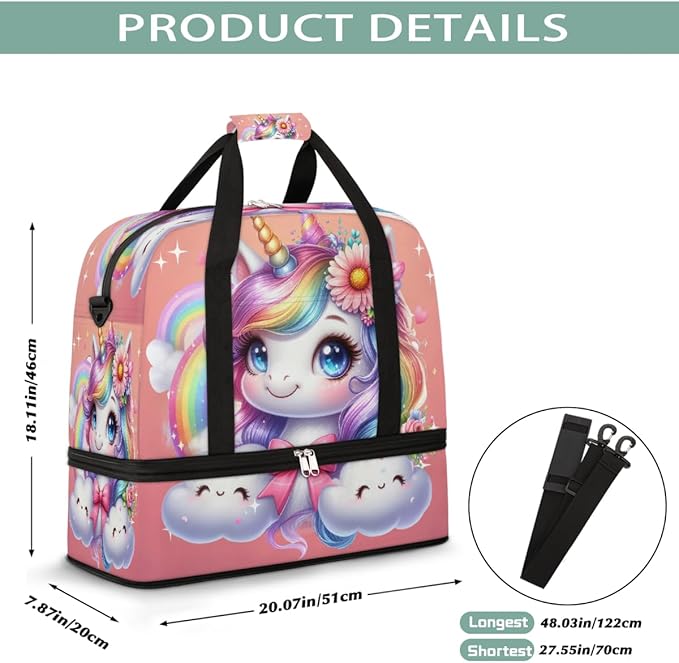 Rainbow Animal Unicorn Pink Large Weekender Bag with Shoe Compartment Travel Duffel Bags for Women Carry On Hospital Overnight Bag Foldable Personal Item Travel Bags Tote Gym Sports Airplanes