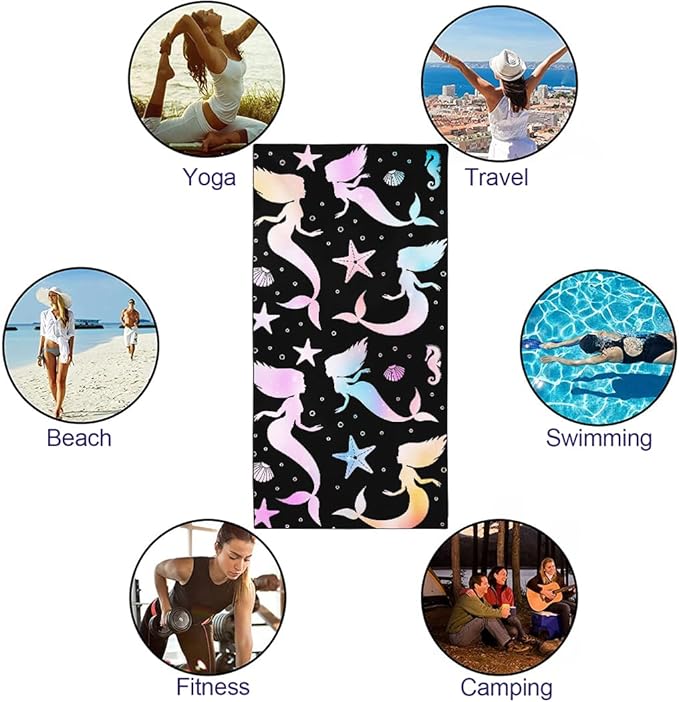 Mermaid Silhouette Beach Towel 36"x72" Quick-Dry Soft Microfiber with Starfish Seahorse Pattern Black Background