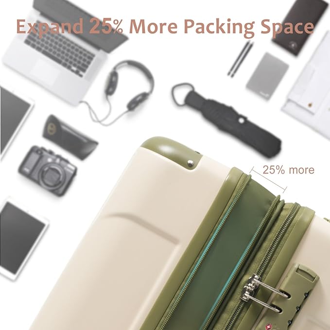 28 Inch Large Checked Luggage Hardside Suitcase with Spinner Wheels, Lightweight Expandable Hard Shell ABS Suitcases with TSA Lock, Large Travel Luggage for Women, Men, White Green