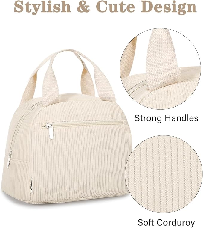 Cute Lunch Box Tote Bag - Corduroy Insulated Cooler Bags for Women - Lightweight Reusable Portable Soft Lunch Pail Kit for Kids Teen Girl Adults Work School Picnic Travel White 12L