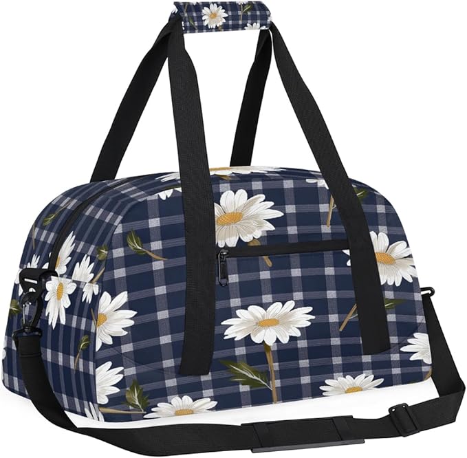 Sports Duffel Bags, Daisy Navy Plaid Water-Resistant Gym Duffle Bag for Men Women, Lightweight Weekender Overnight Bag for Fitness, Workout, Travel