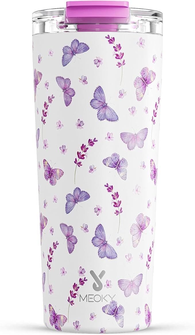 Meoky 24 oz Travel Coffee Mug with Leak-proof Lid, Stainless Steel Insulated Coffee Tumbler, Keeps Hot for 8 Hours or Cold for 24 Hours, Fits in Car Cup Holder (Lavender Butterfly)
