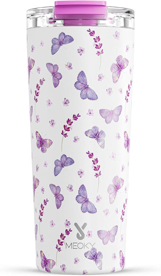 Meoky 24 oz Travel Coffee Mug with Leak-proof Lid, Stainless Steel Insulated Coffee Tumbler, Keeps Hot for 8 Hours or Cold for 24 Hours, Fits in Car Cup Holder (Lavender Butterfly)