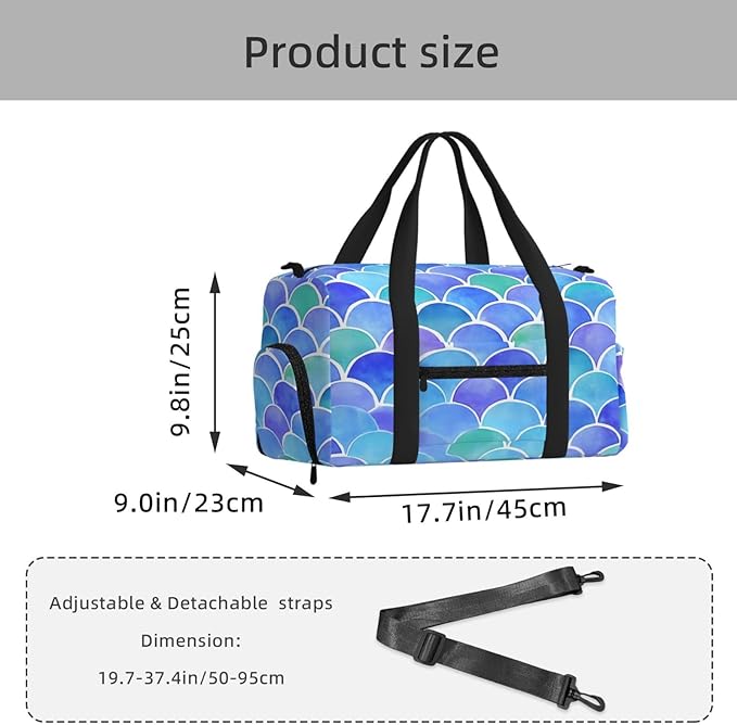Sports Gym Bag Mermaid Scales Blue Purple Travel Duffel Bag With Shoe Compartment Shoulder Strap, Lightweight Water-Resistant Weekend Overnight Totes For Women Men