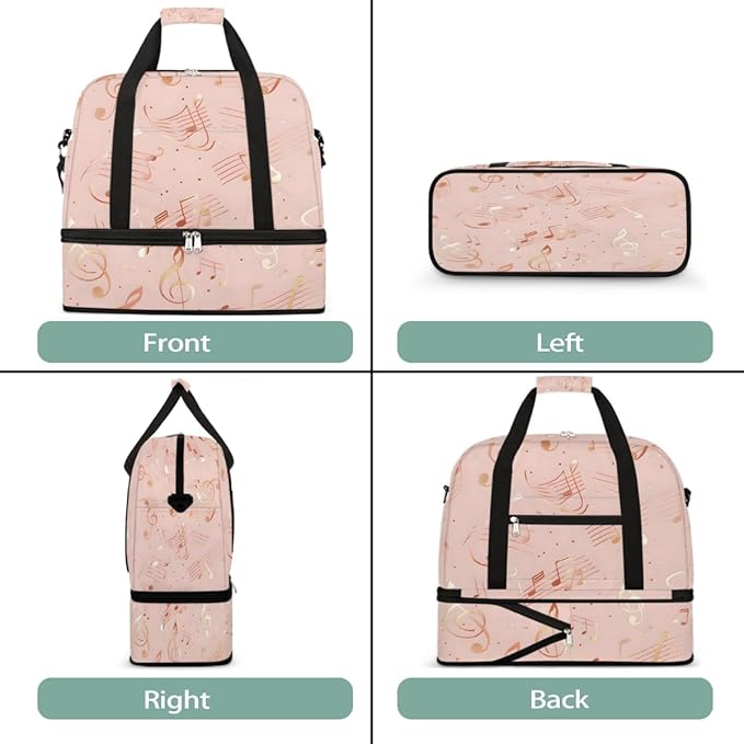 Pink Music Notes Large Weekender Bag with Shoe Compartment Travel Duffel Bags for Women Carry On Hospital Overnight Bag Foldable Personal Item Travel Bags Tote Gym Sports Airplanes