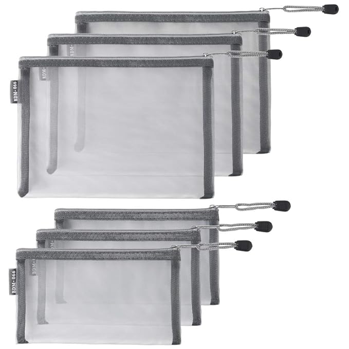 HRX Package Nylon Mesh Cosmetic Bags Zipper Pouches, 6PCS Gray Makeup Pouches Travel Organizer Case for Purse Diaper Bag (A5 x 3pcs, A6 x 3pcs)