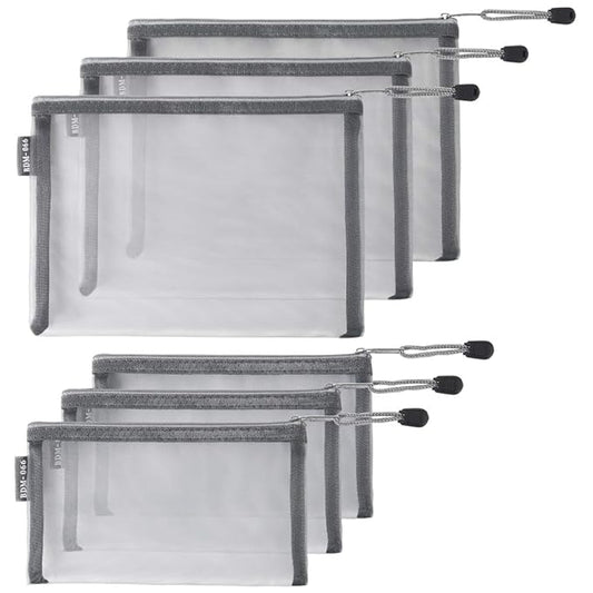 HRX Package Nylon Mesh Cosmetic Bags Zipper Pouches, 6PCS Gray Makeup Pouches Travel Organizer Case for Purse Diaper Bag (A5 x 3pcs, A6 x 3pcs)