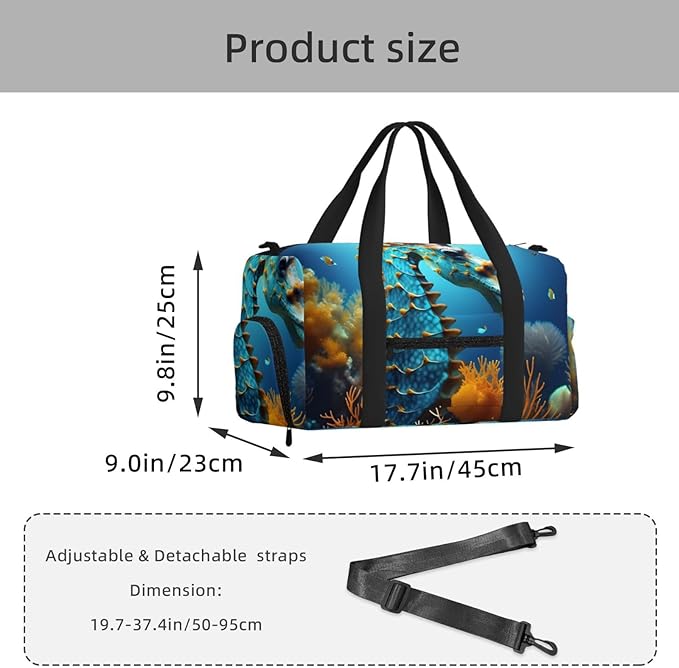 Blue Seahorse Print Gym Bag with Shoe Compartment for Women Men, 17.7in Sports Duffle Weekender Tote, Overnight Travel Duffel Bag Carry On