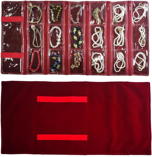 Travel Jewelry Roll Bag Portable Organizer Pouch With Grids&PVC Cover Storage Bags for Necklace, Bracelet, Bracelet,Ring, Badge, Pendant