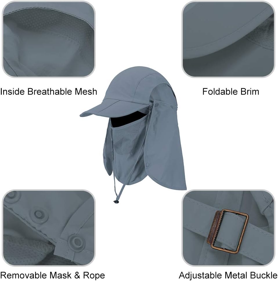 Foldable Sun Cap, Fishing Hats, UPF 50+ Protection Caps with Face Mask Neck Flap