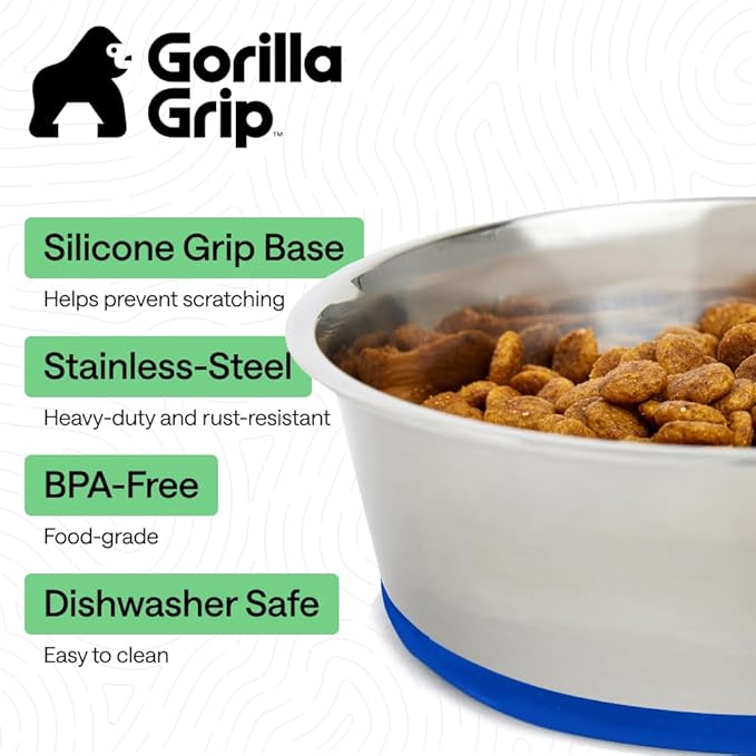 GORILLA GRIP Dog Bowls, Heavy Duty 304 Stainless Steel, Holds 4 Cups Each (32 fl oz) Food and Water Bowl for Feeding Dogs and Cats, Dishwasher Safe, Rust Resistant, BPA Free Rubber Base Set of 2 Blue