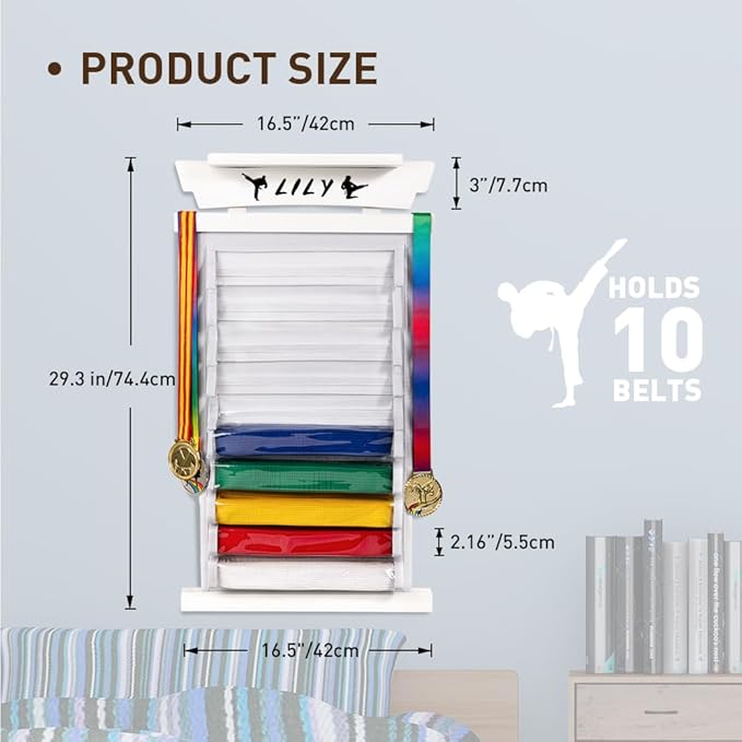 Tilhumt 10/12 Belts Karate Belt Display Rack with Photo Shelf, Felt Taekwondo Belt Display Rack Martial Arts Belt Display for Adults TKD, BJJ