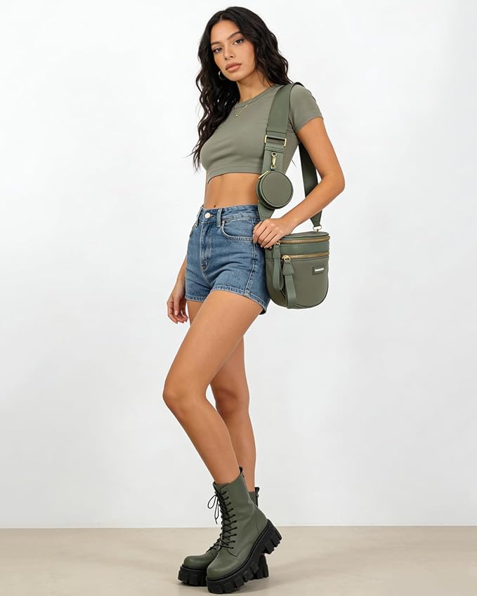 Spacious Nylon Crossbody Bags for Women Spacious Bum Bags for Women Crossbody Large Fanny Pack for Men with Removable Wallets Purse Belt Pouch (Bean Green)
