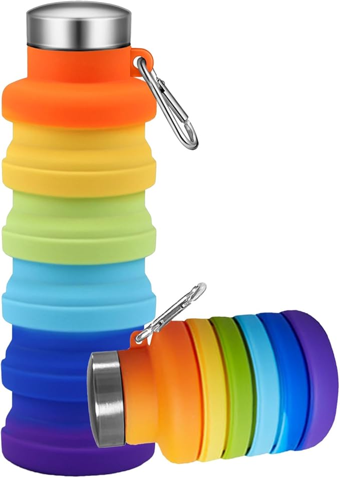 Collapsible Water Bottles,16oz Capacity Portable Reusable Silicone Water Bottle,Leak-proof,with buckle,foldable storage,Lightweight Durable for Fitness,Cycling,Sports,Camping,Hiking (Rainbow)
