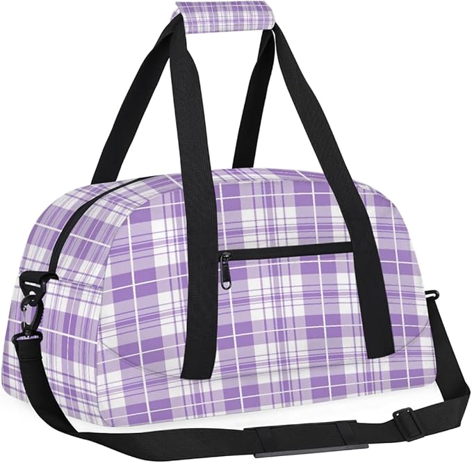 Purple White Plaid Pattern Sports Duffel Bags, Water-Resistant Gym Duffle Bag for Men Women, Lightweight Weekender Overnight Bag for Fitness, Workout, Travel