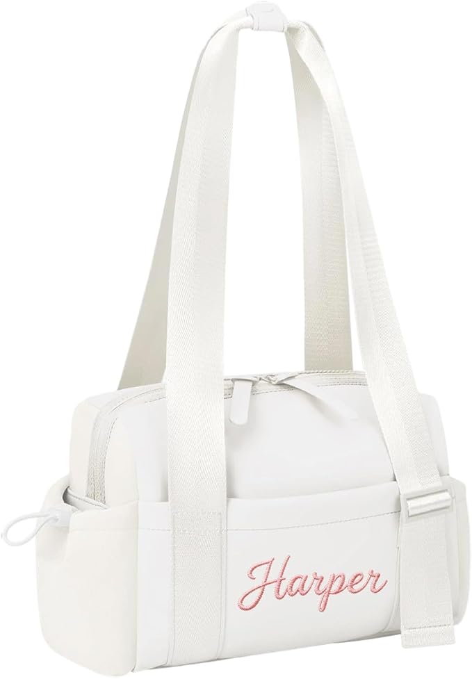 Personalized Mini Gym Bag for Women, Custom Embroidered Name Yoga Tote, Waterproof PU Fitness Duffle with Wet Compartment (white duffle bag)