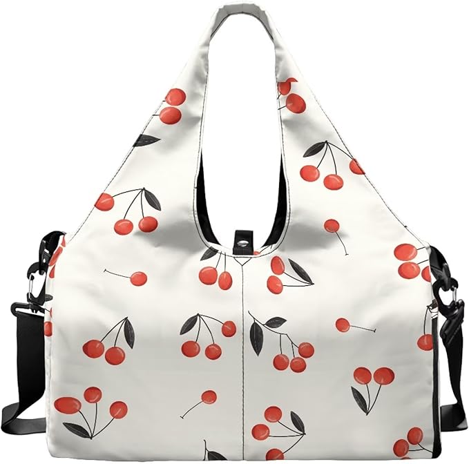Waterproof Womens Duffle Bag with Pockets, Double Zipper, Cherry Gym Bag with Shoe Compartment, Overnight Bag with Yoga Mat Holder Gift for Anniversary